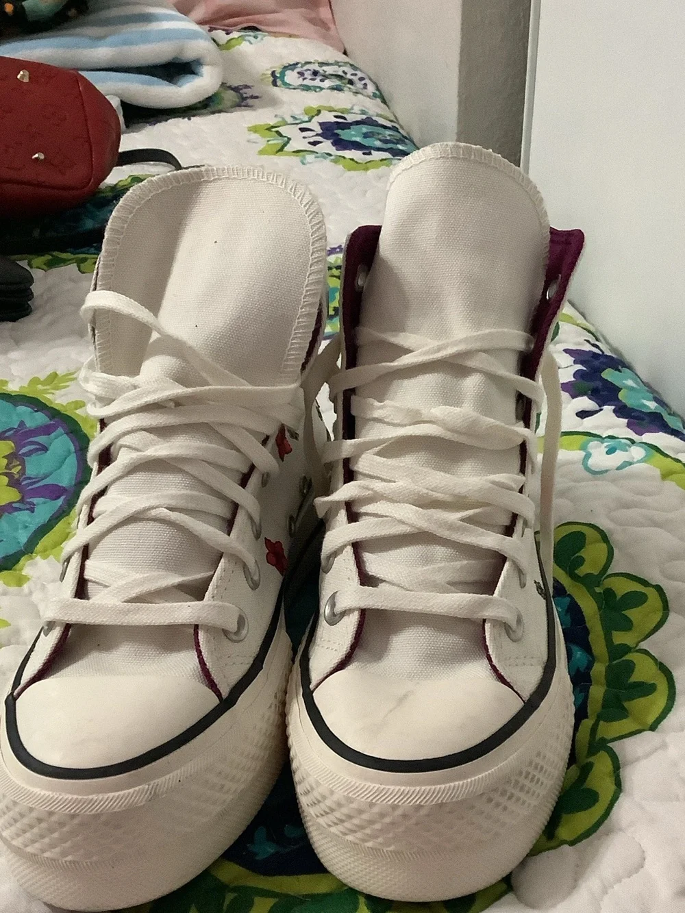 High-Top Floral Platform Canvas Sneakers - White with Red & Purple Flowers